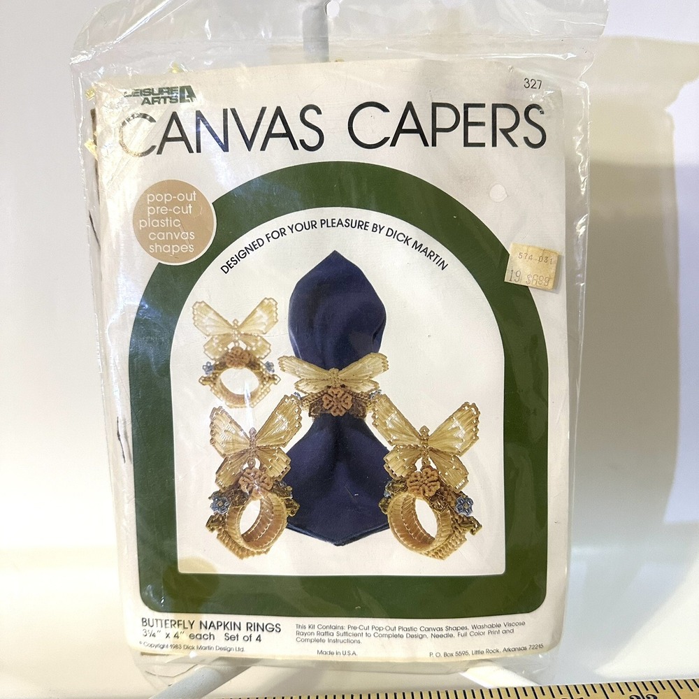 Vintage 1983 Raffia Leisure Arts Canvas Capers Kit Raffia Butterfly Napkin Rings